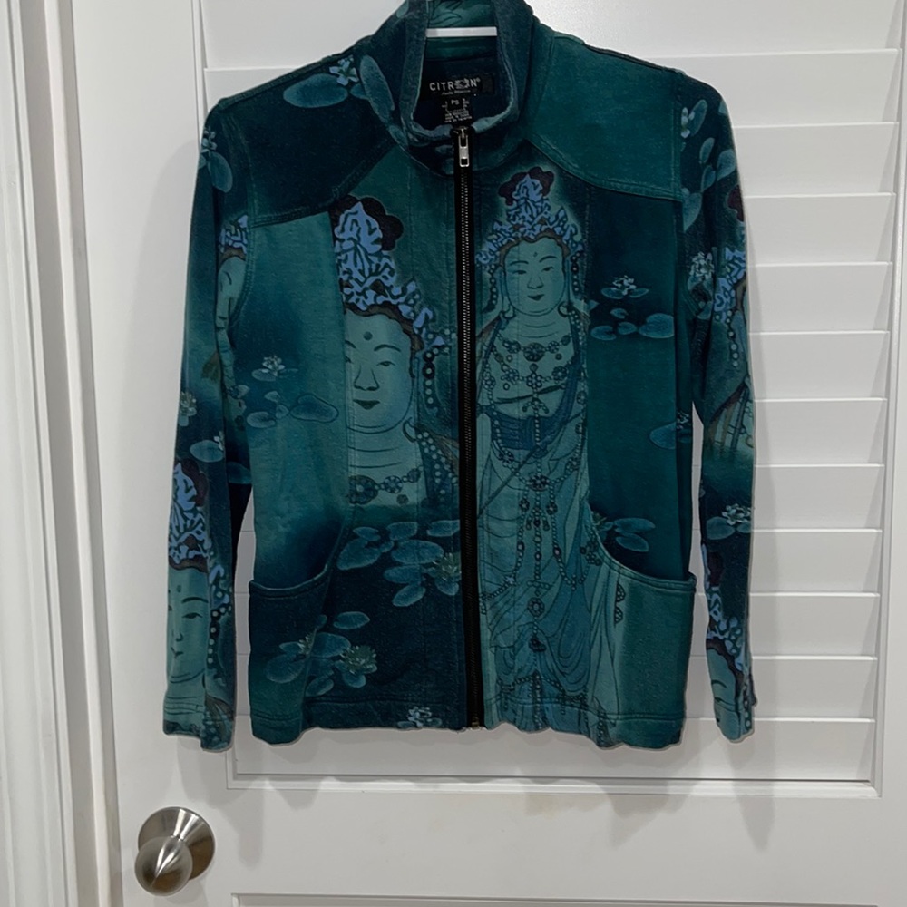 Citron yoga jacket in turquoise w/QuanYin and Lotus print/2front pockets; soft